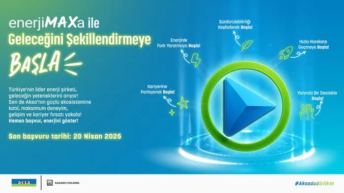 Aksa banner, turkuaz zeminde ışıklı ok simgesi ve kariyer temalı ikonlarla Yetenek Programı duyurusu