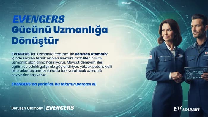 Borusan Otomotiv banner, iş kıyafetli iki teknisyenin tablet tuttuğu EVengers görseli