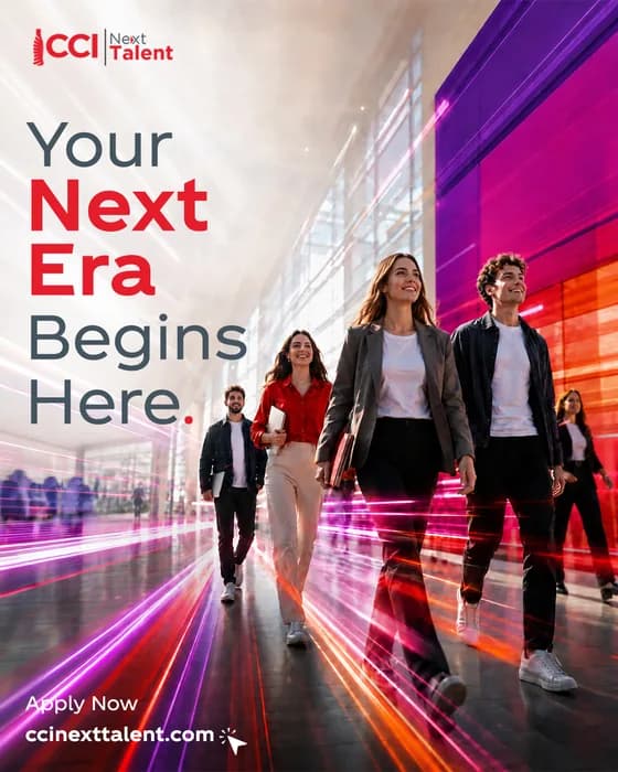 CCI Next Talent kampanya ana görseli, ışıklı bir koridorda yürüyen genç profesyoneller grubu